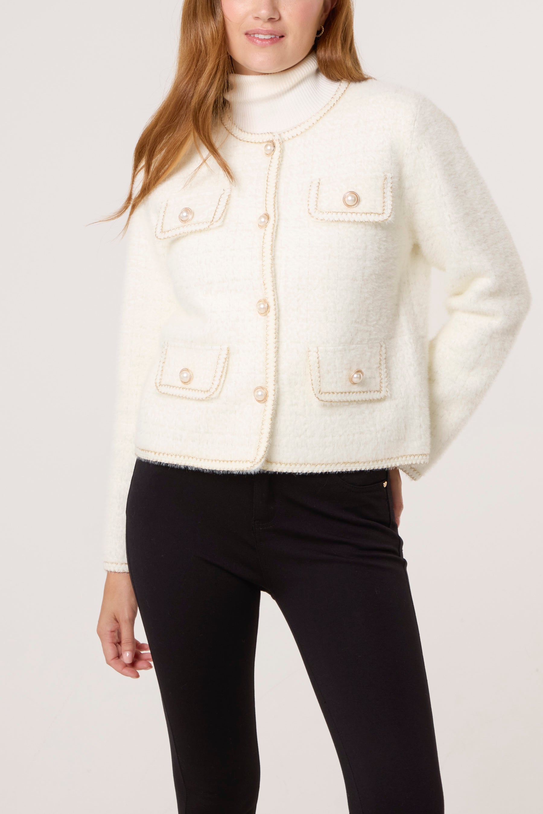 Pearl Button Check Knit Pocket Cardigan