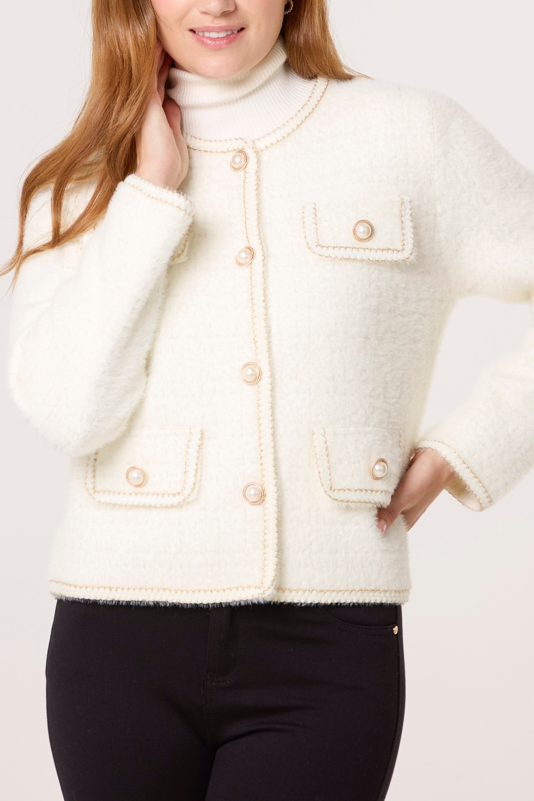 Pearl Button Check Knit Pocket Cardigan