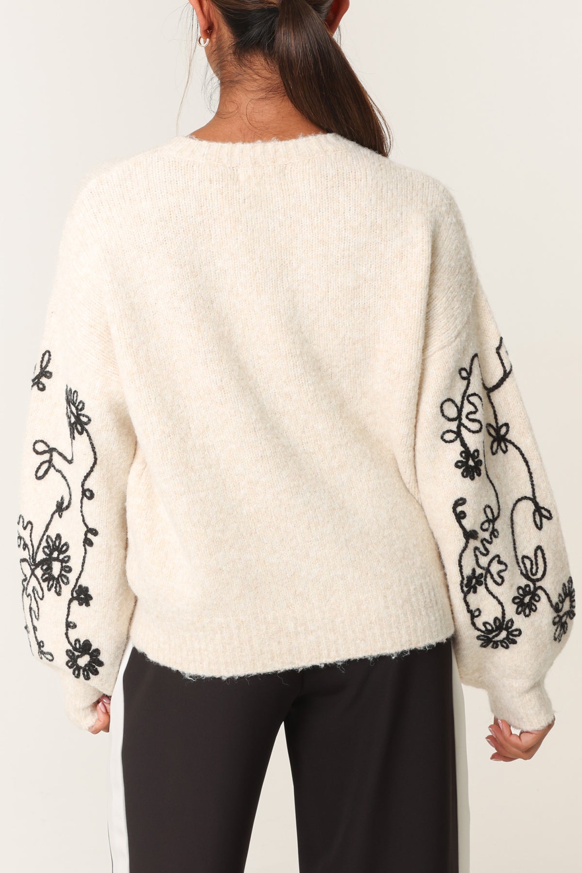 Pearl Embellished Flower Embroidery Jumper