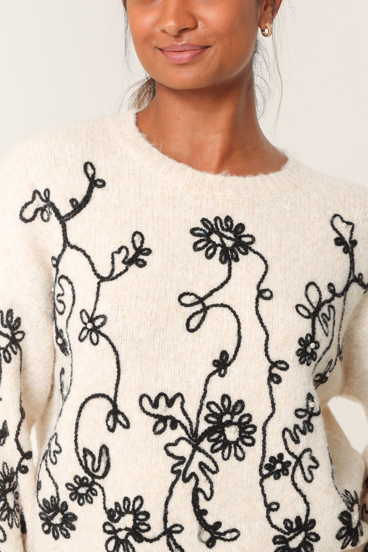 Pearl Embellished Flower Embroidery Jumper