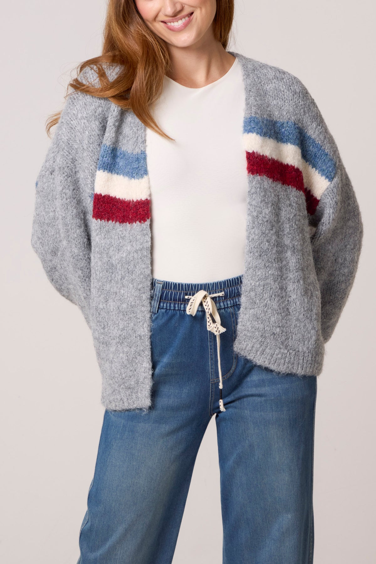 Balloon Sleeve Stripe Knit Cardigan