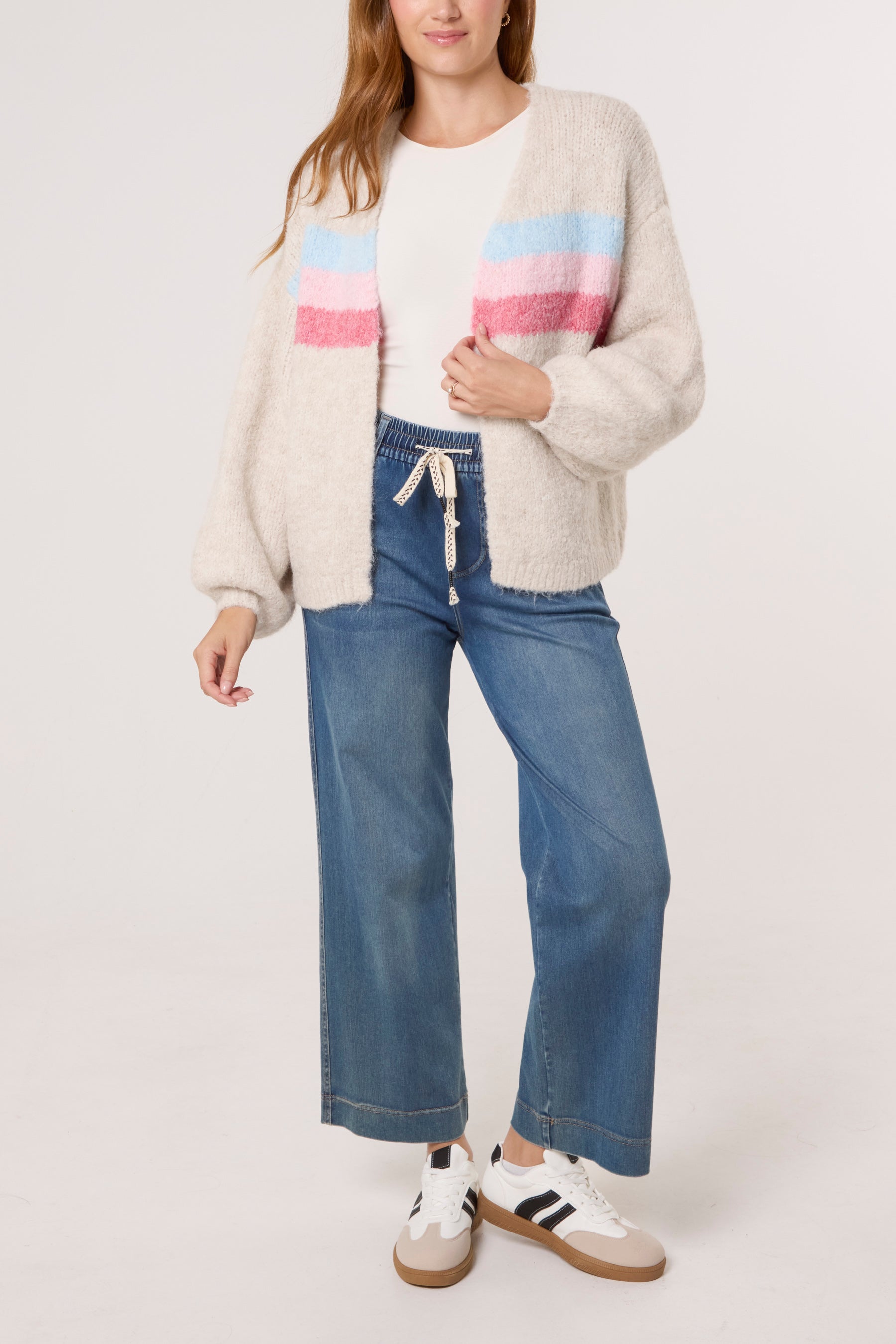 Balloon Sleeve Stripe Knit Cardigan