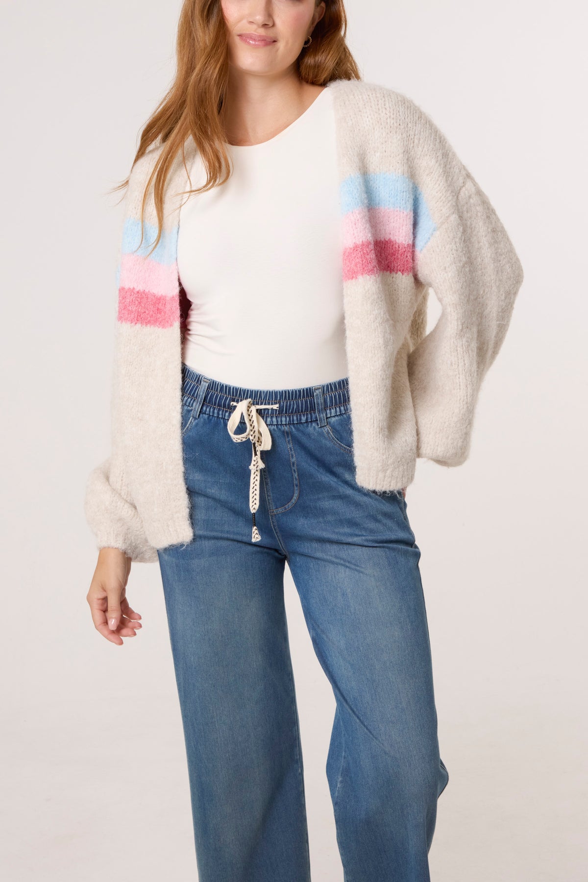 Balloon Sleeve Stripe Knit Cardigan