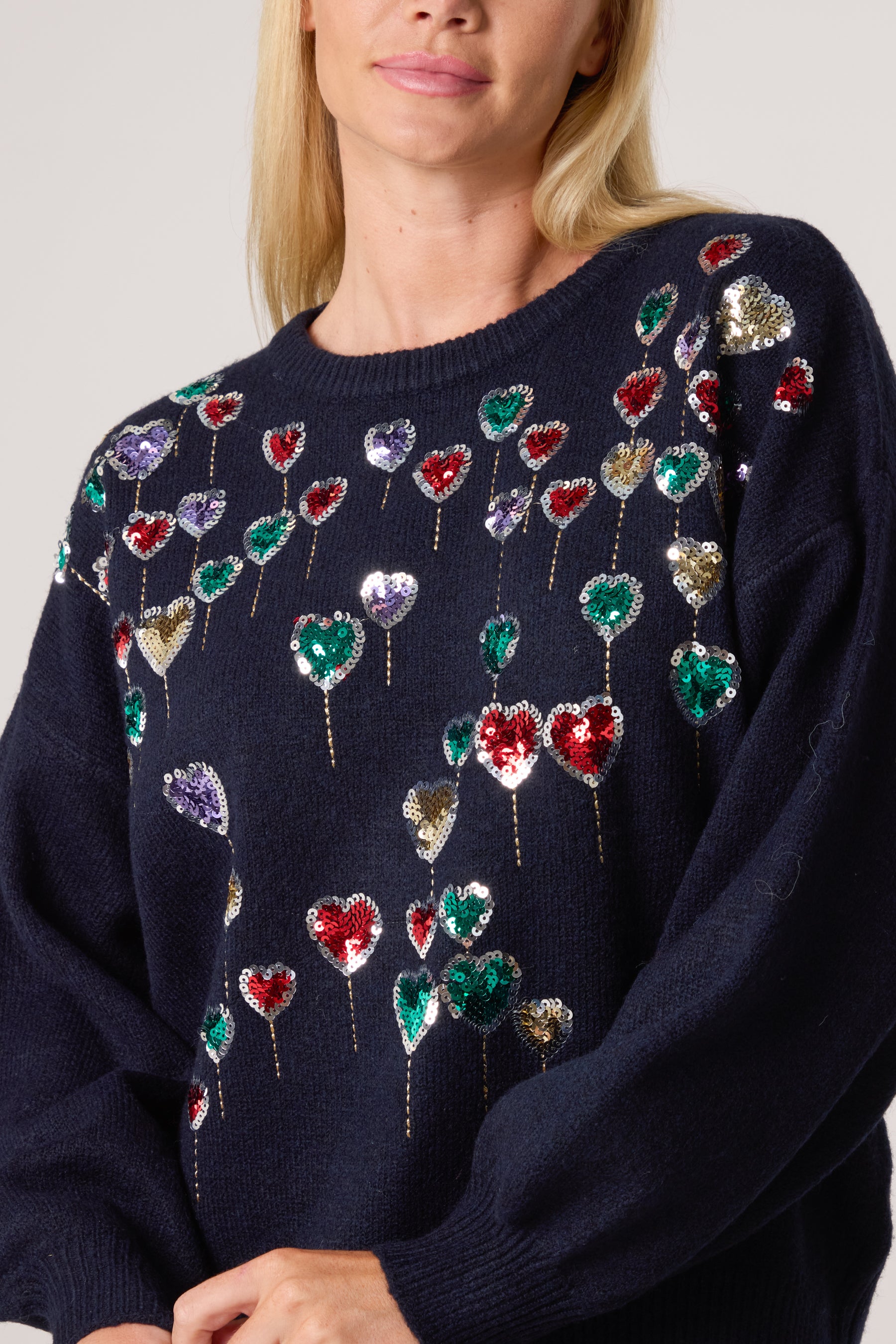 Sequin Balloon Hearts Knit Jumper