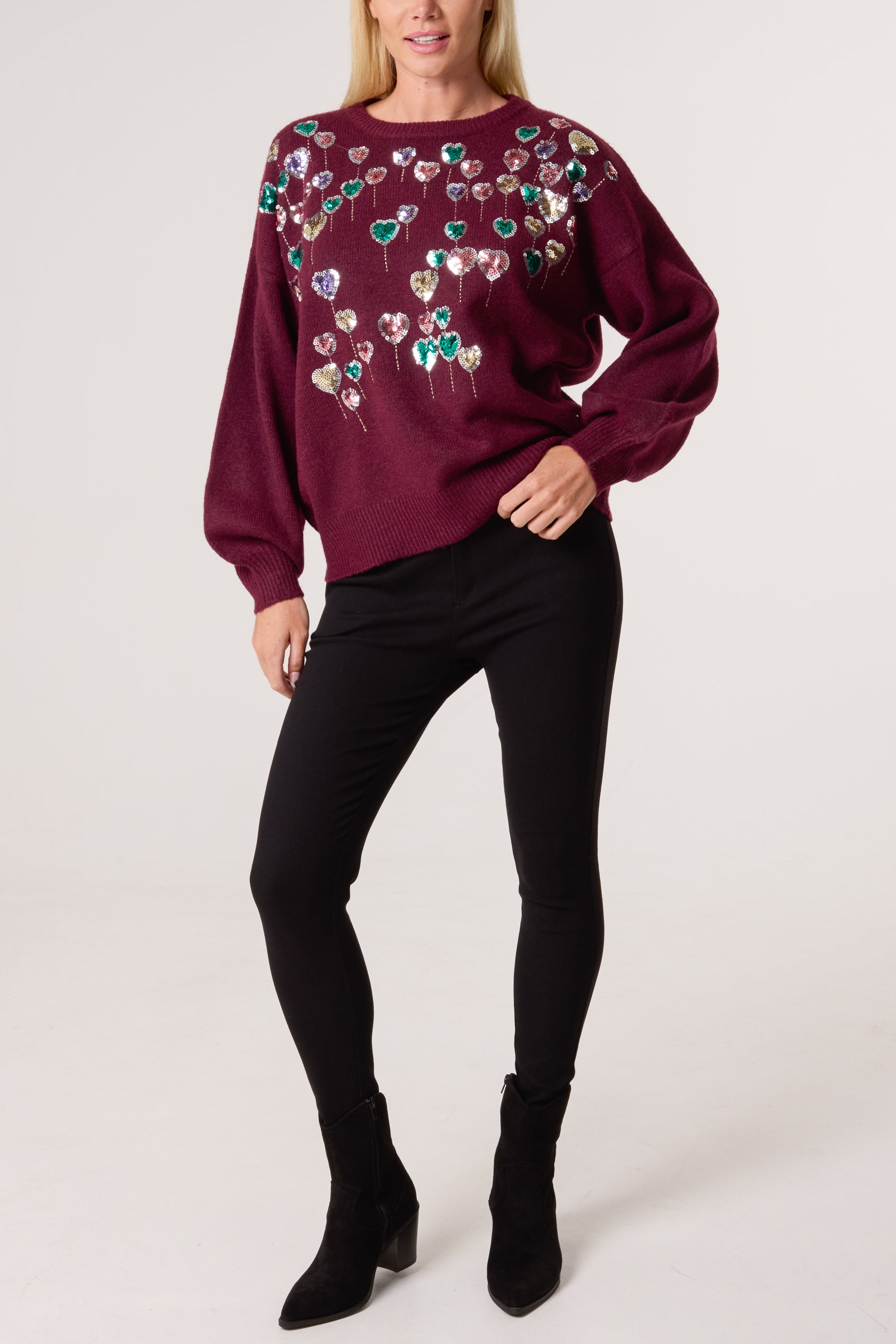 Sequin Balloon Hearts Knit Jumper