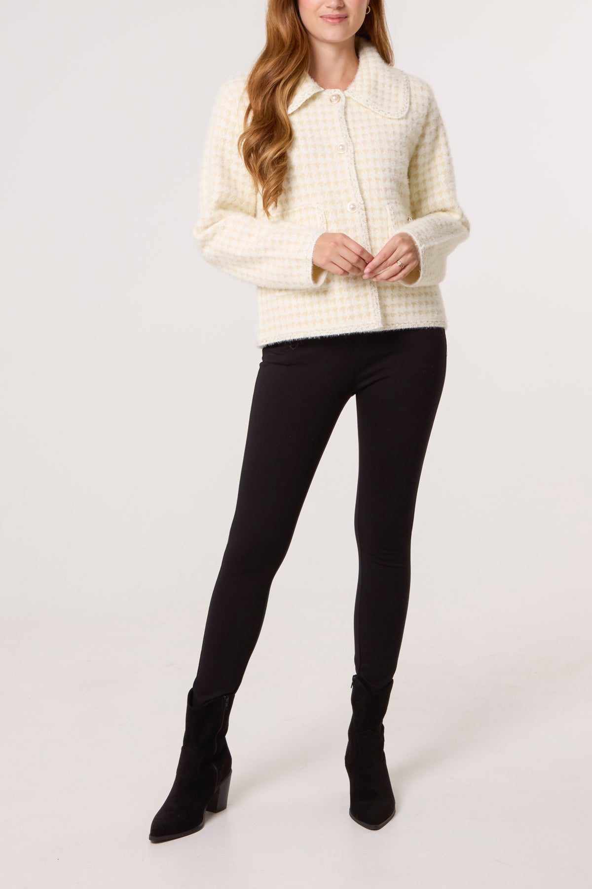 Pearl Button Check Knit Collared Cardigan