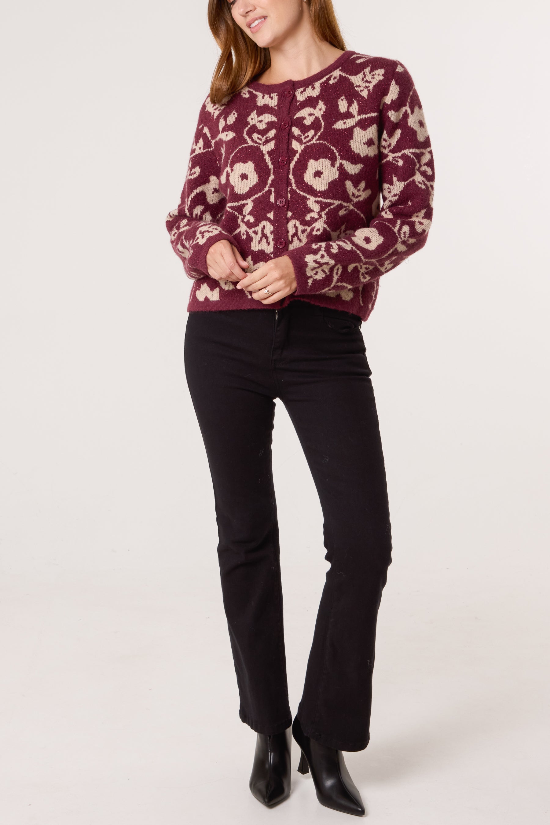 Sparkly Floral Pattern Knit Cardigan