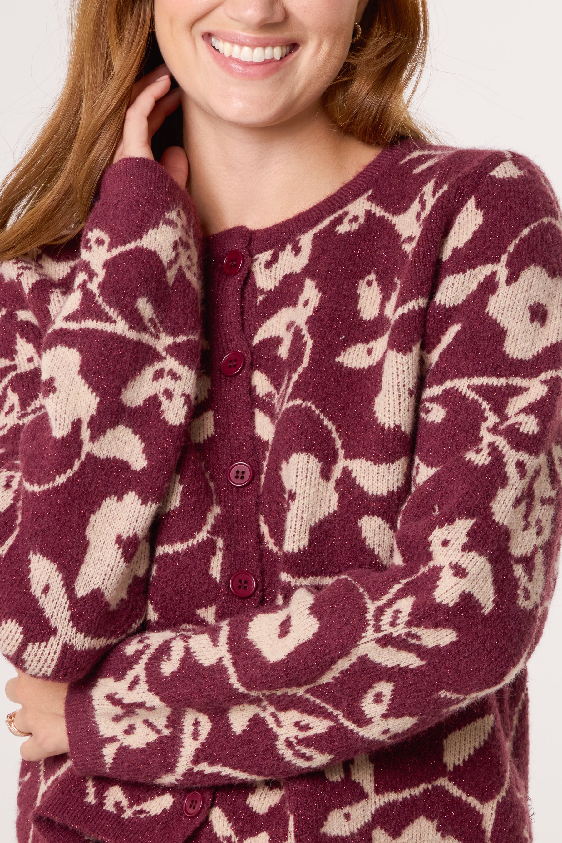 Sparkly Floral Pattern Knit Cardigan