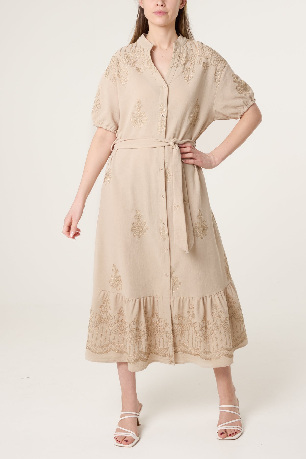 Floral Embroidery Tie Front Button Dress