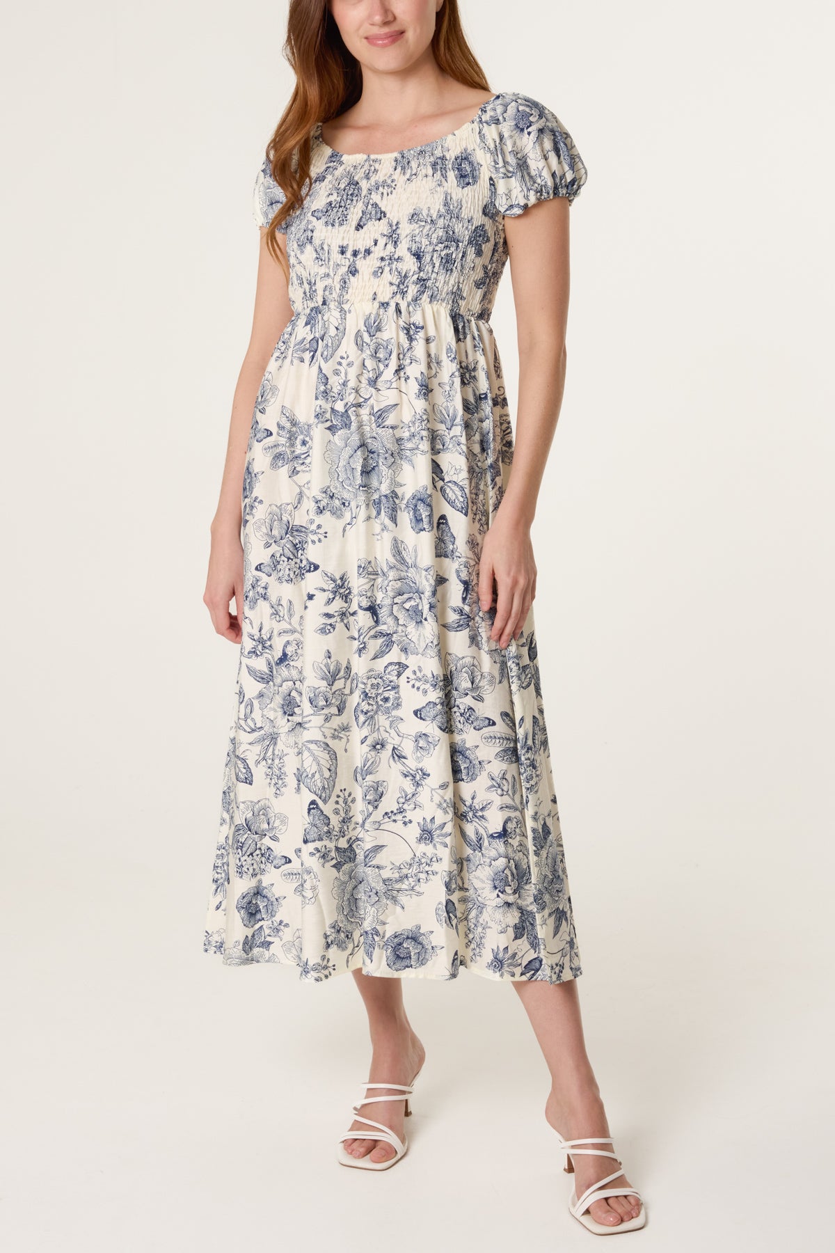 Butterfly & Flowers Shirred Bust Dress