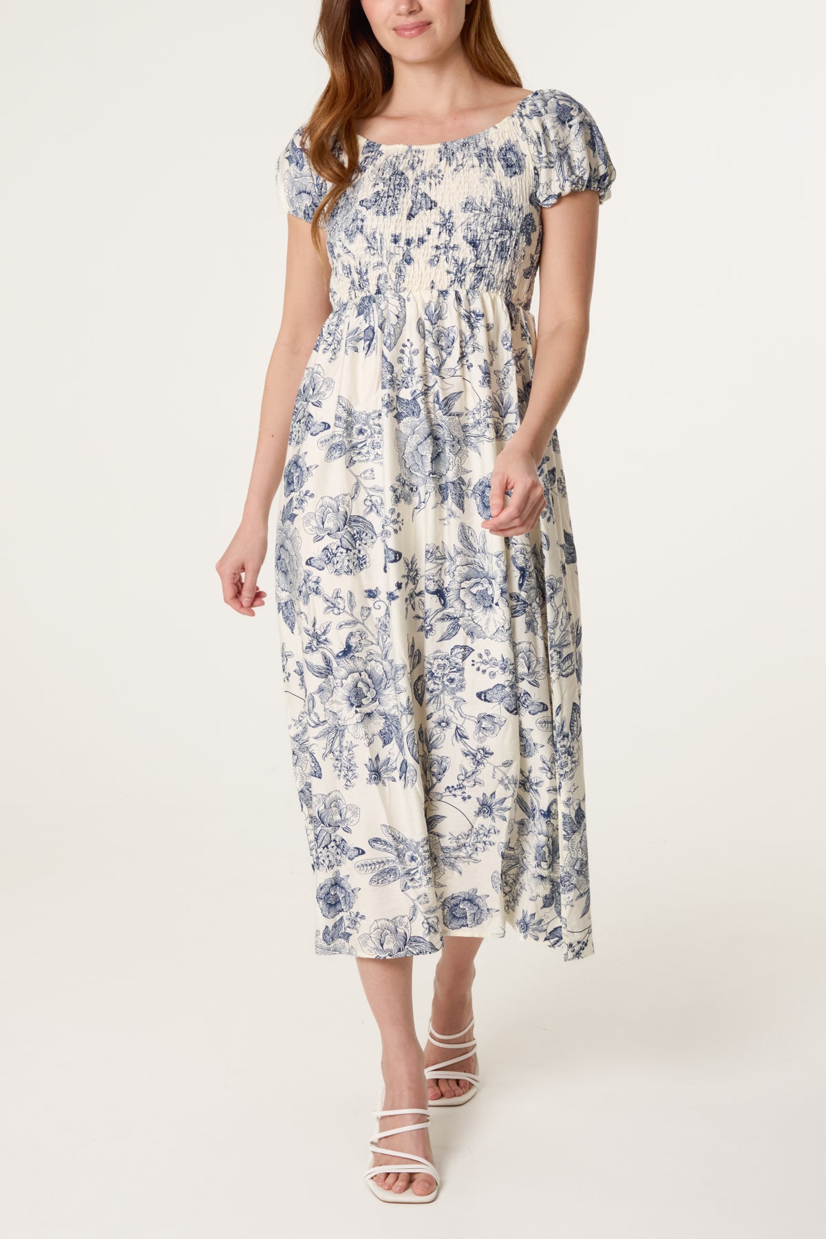 Butterfly & Flowers Shirred Bust Dress