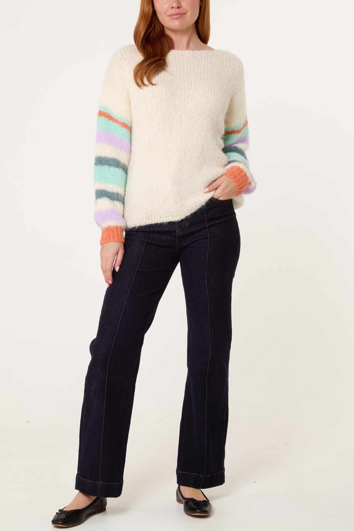 Striped Sleeve Fluffy Knit Jumper