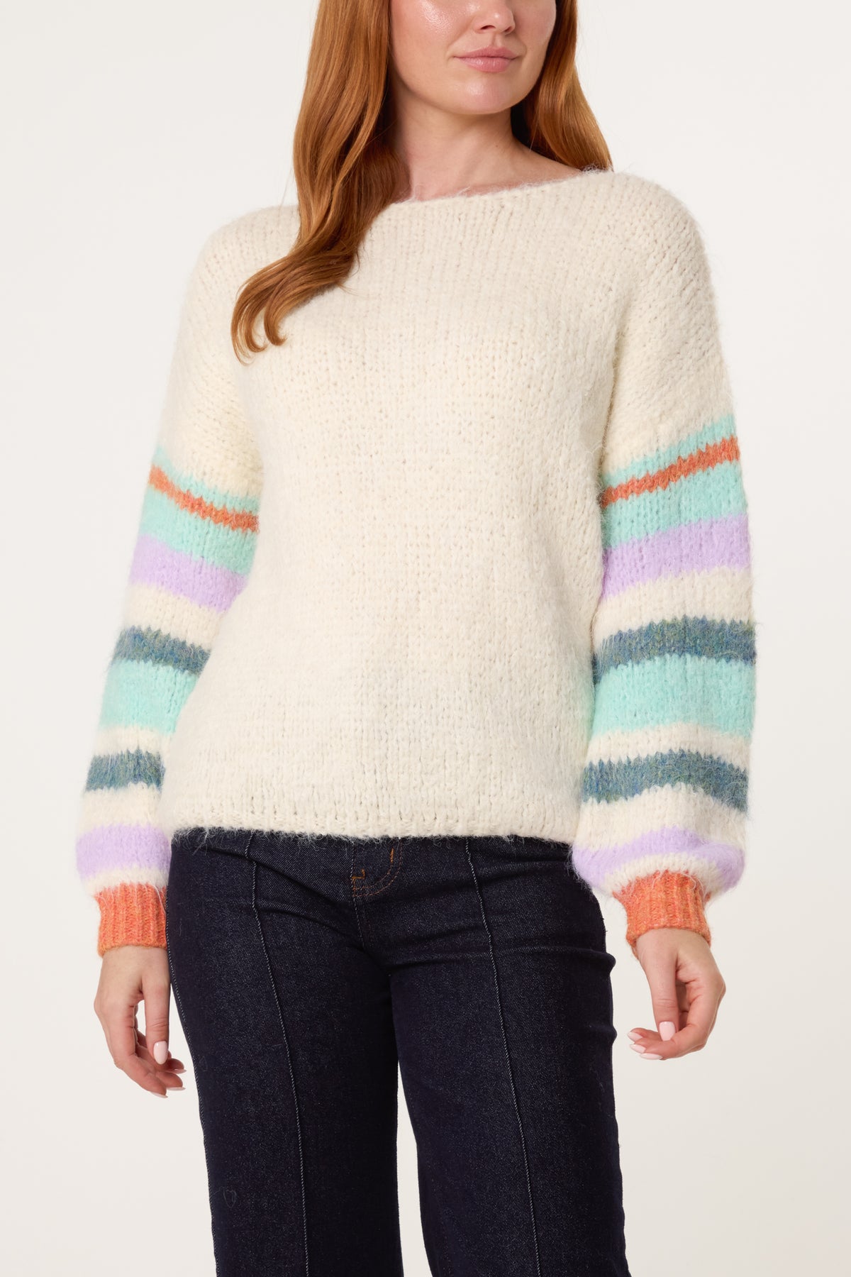Striped Sleeve Fluffy Knit Jumper
