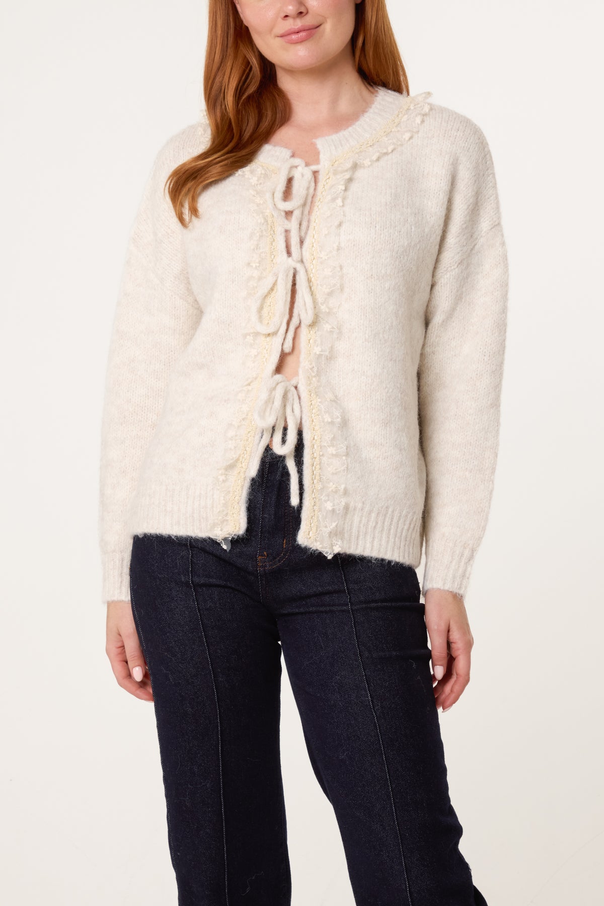 Tie Bow Front Lace & Knit Cardigan