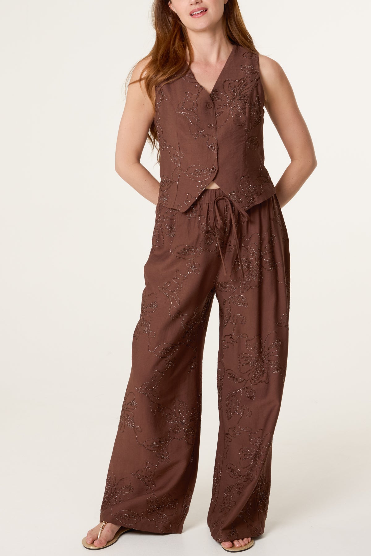 Sparkle Flower Embroidery Vest & Trouser Set