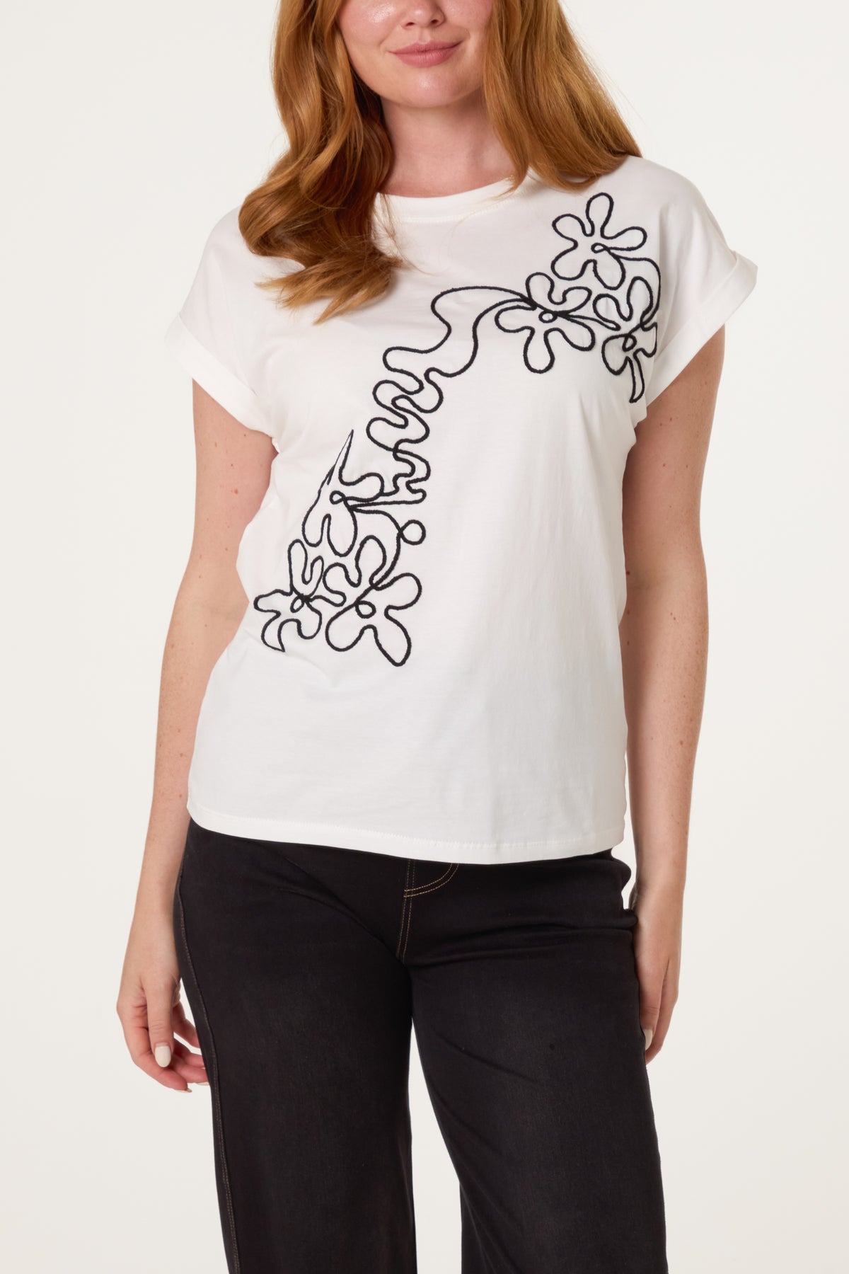 Swirl Flowers Embroidery T-Shirt