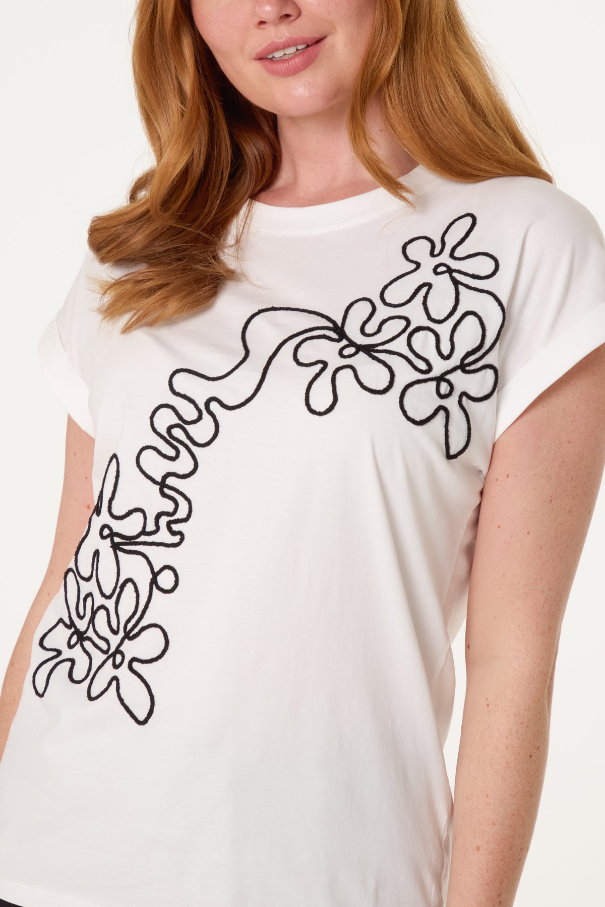Swirl Flowers Embroidery T-Shirt