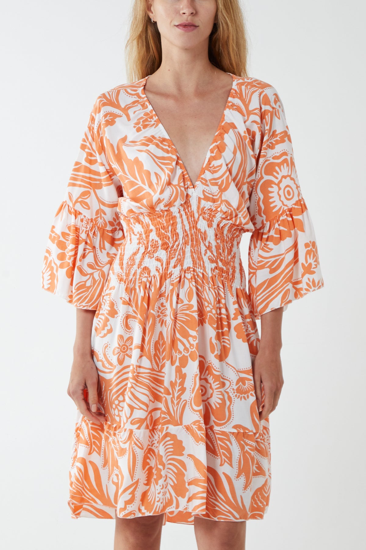 Monochromatic Floral Shirred Bodice Mini Dress