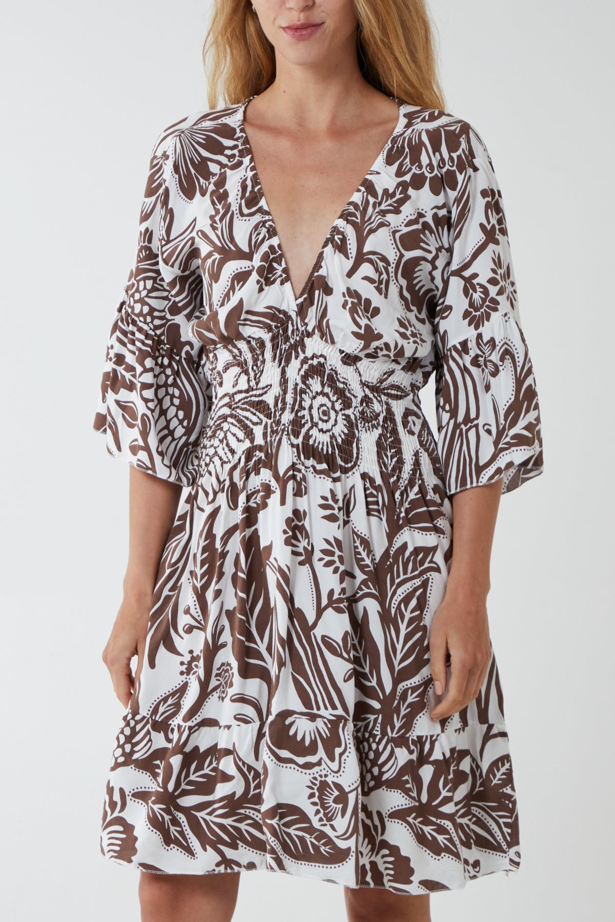 Monochromatic Floral Shirred Bodice Mini Dress