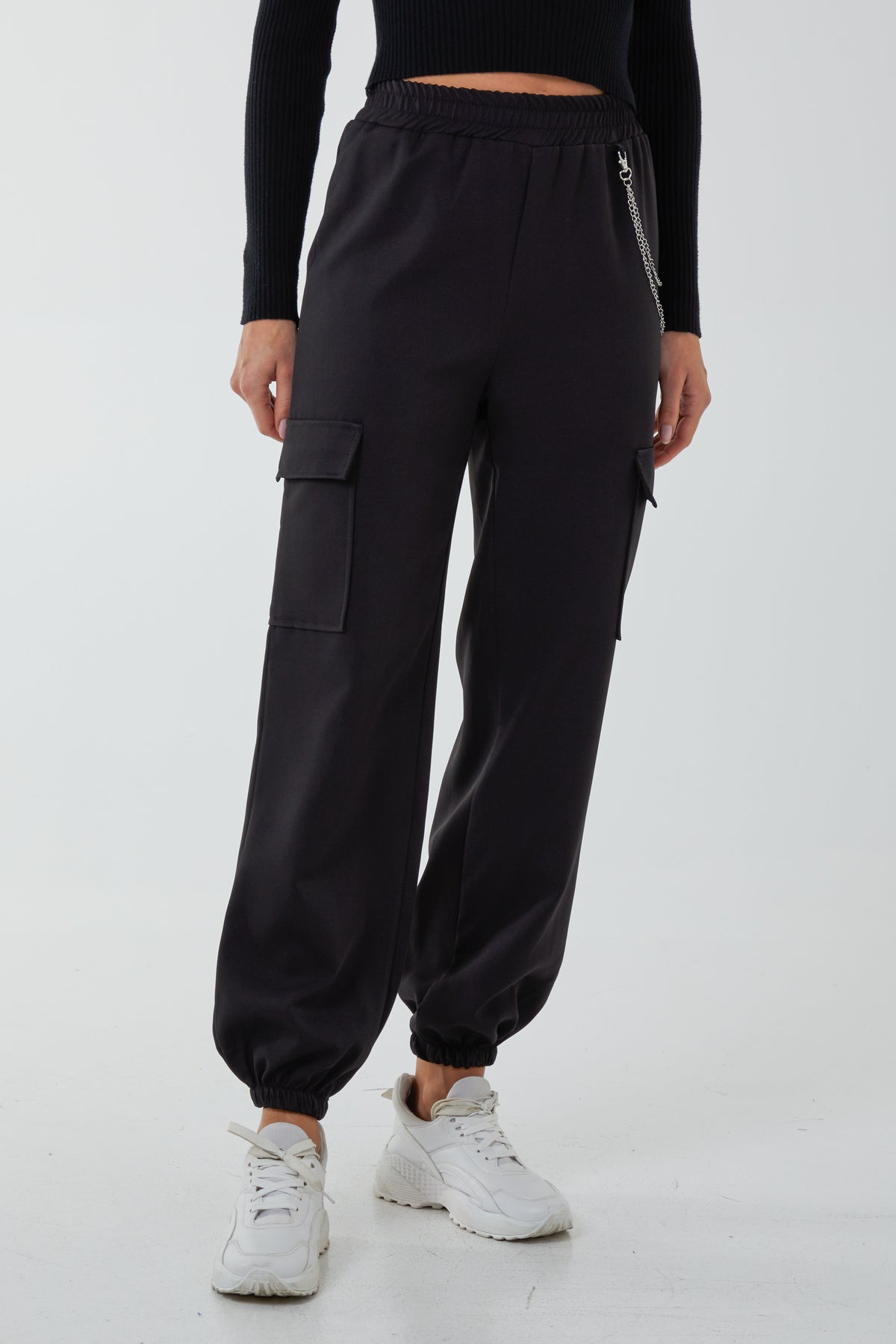 Satin Feel Chain Detail Cargo Trousers