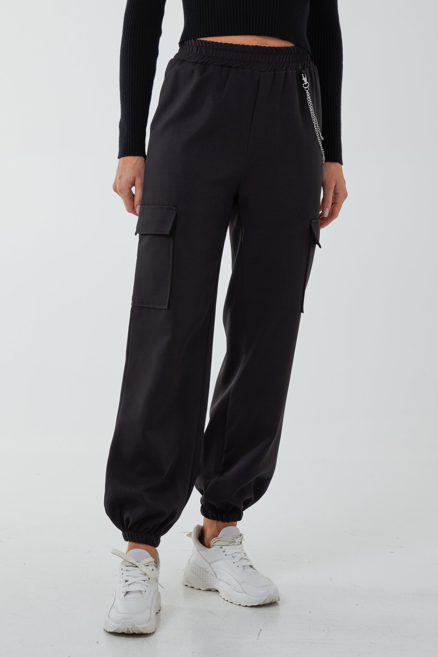 Satin Feel Chain Detail Cargo Trousers