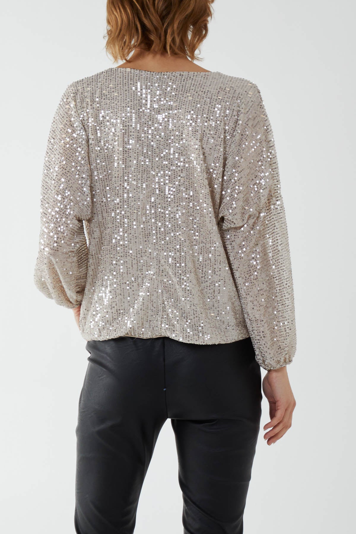 Sequin V-Neck Long Sleeve Blouse