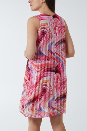 Abstract Swirl Sleeveless Pleated Dress