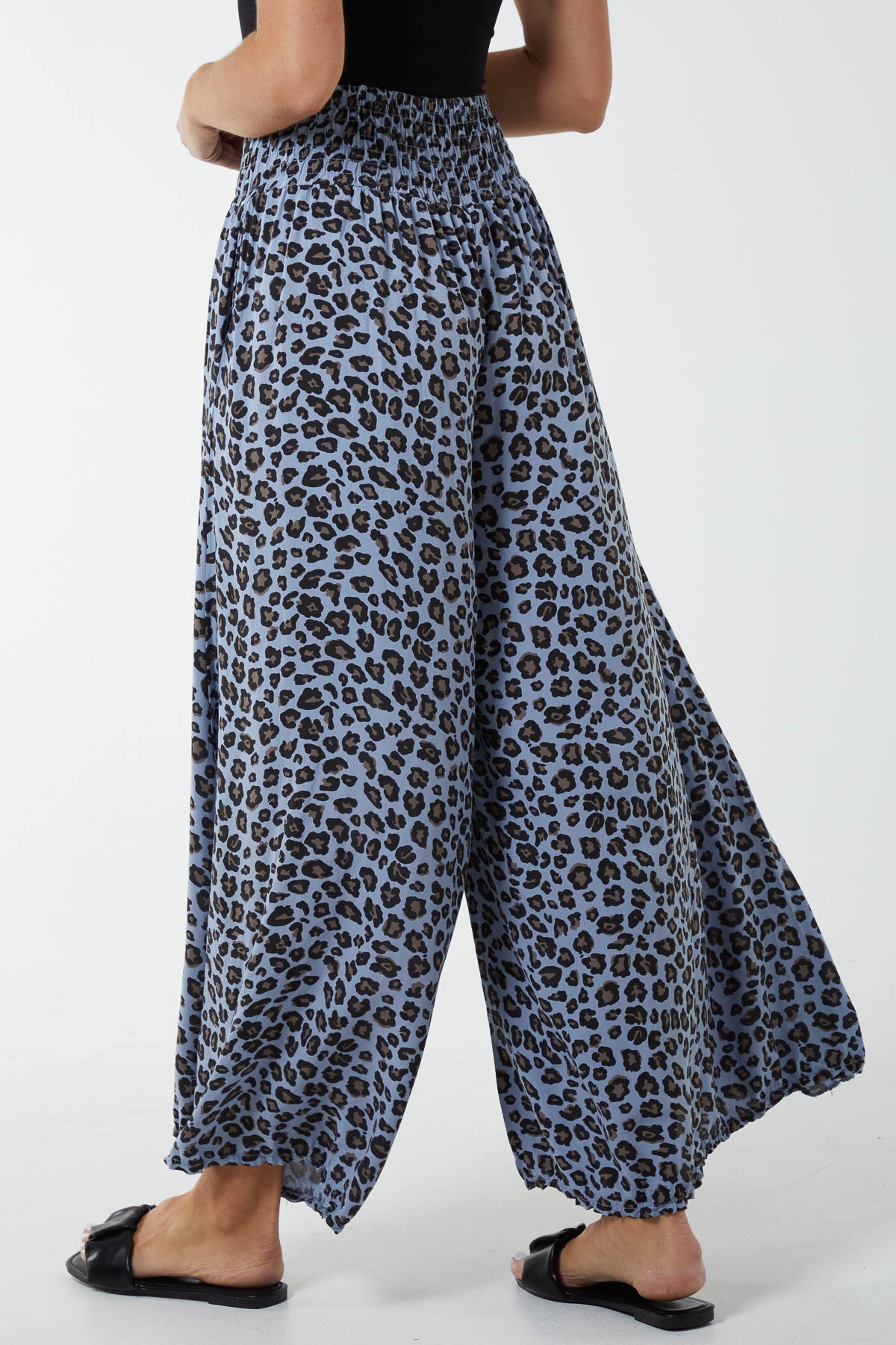 Leopard Print Ruched Waist Wide Leg Trousers