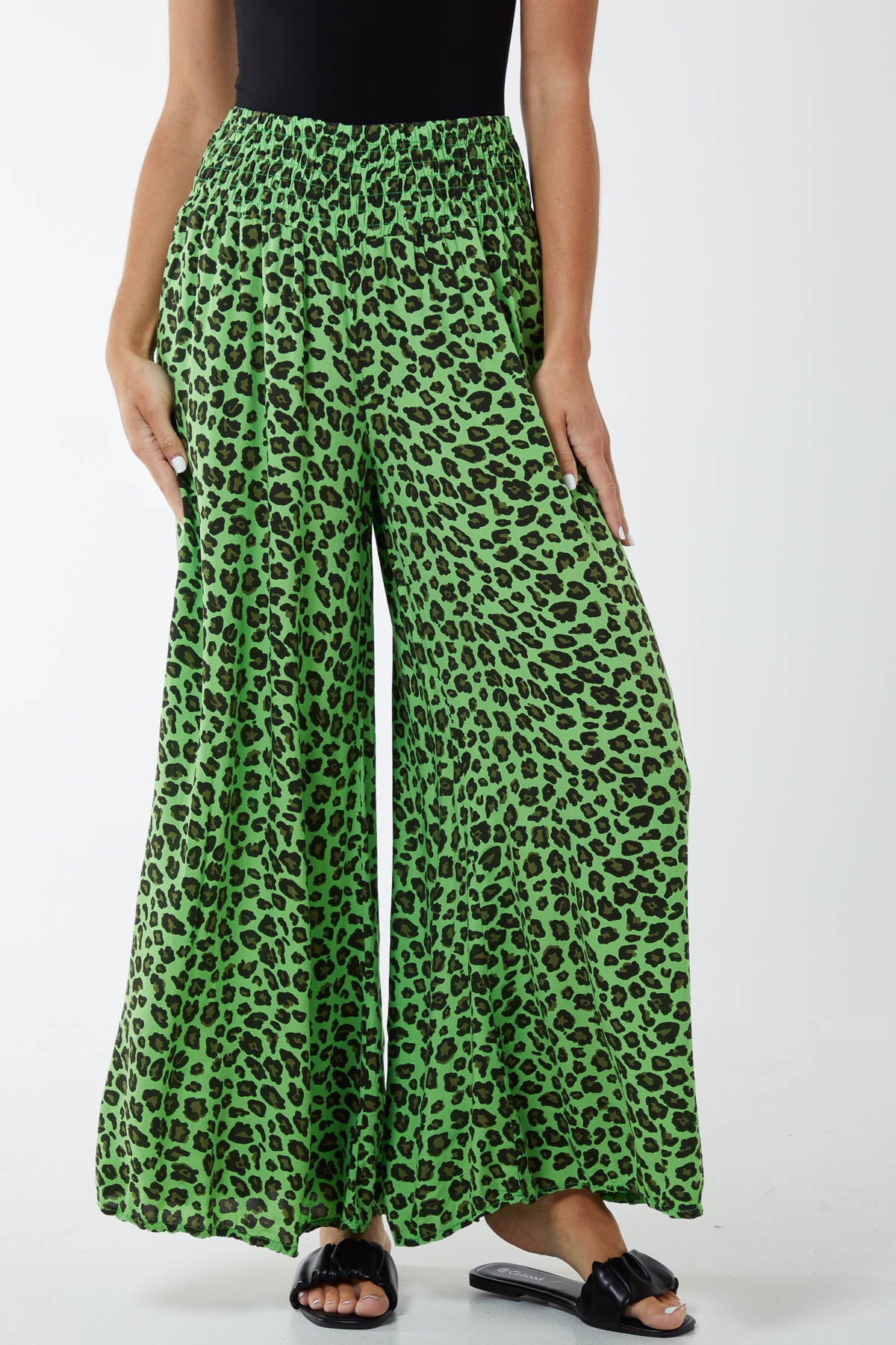 Leopard Print Ruched Waist Wide Leg Trousers