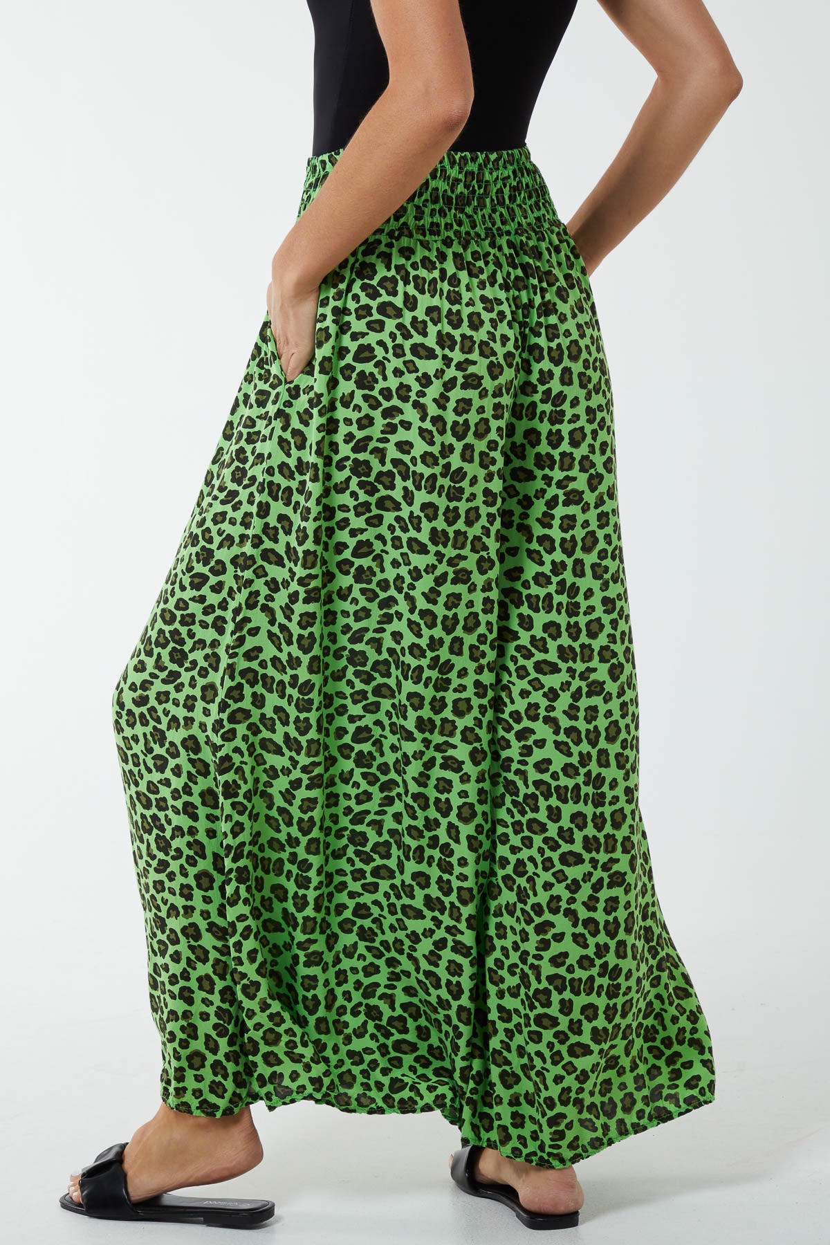 Leopard Print Ruched Waist Wide Leg Trousers