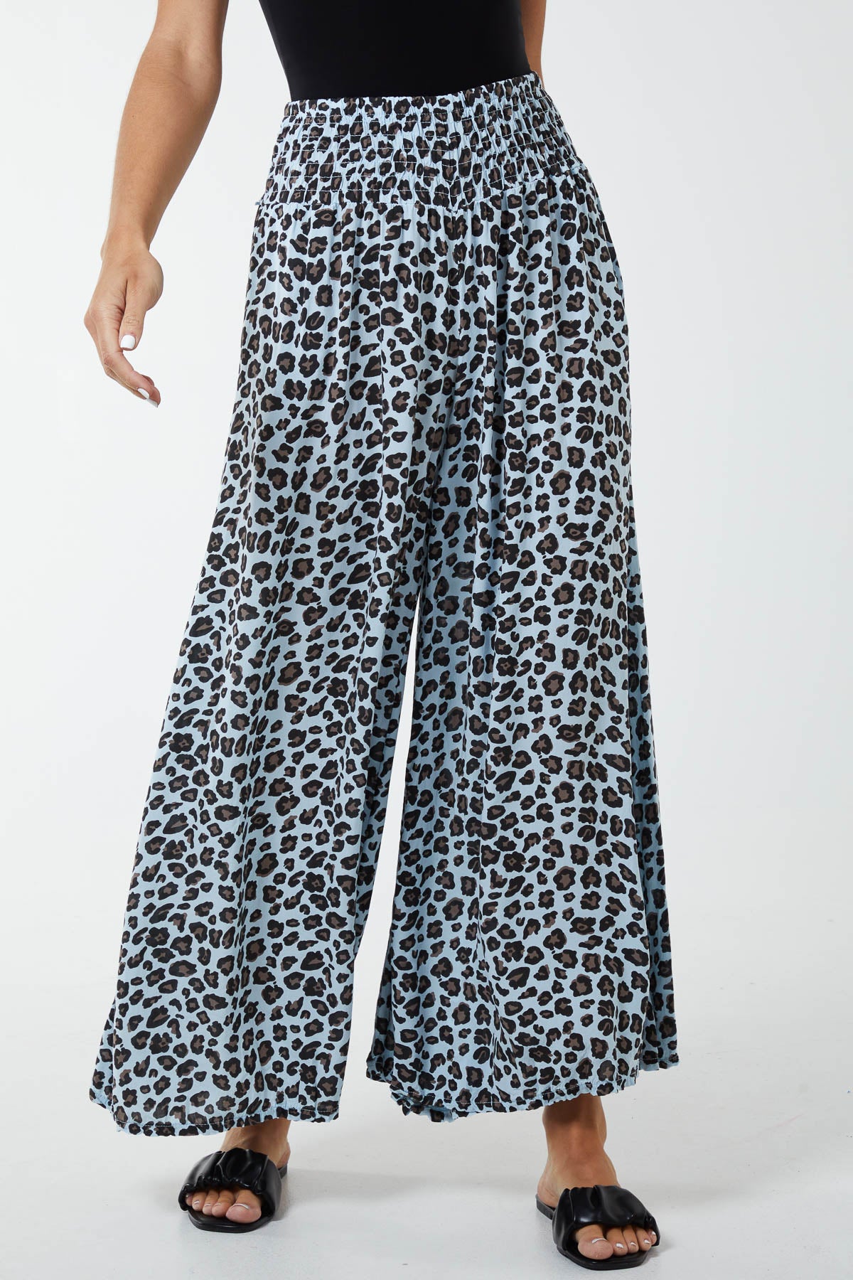 Leopard Print Ruched Waist Wide Leg Trousers