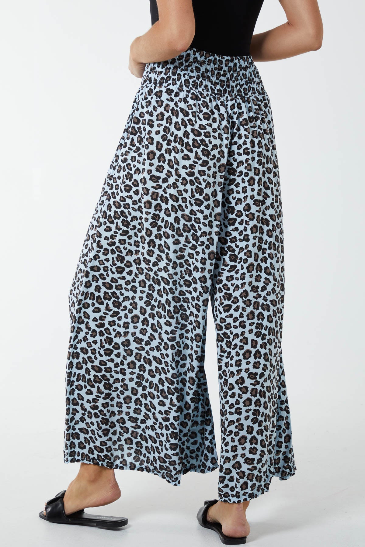 Leopard Print Ruched Waist Wide Leg Trousers