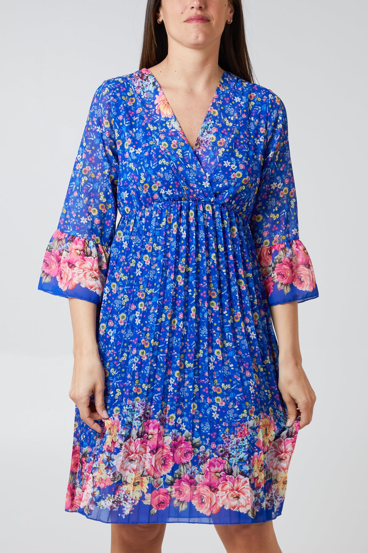 Wrap Pleated Floral 3/4 Fluted Sleeves Dress