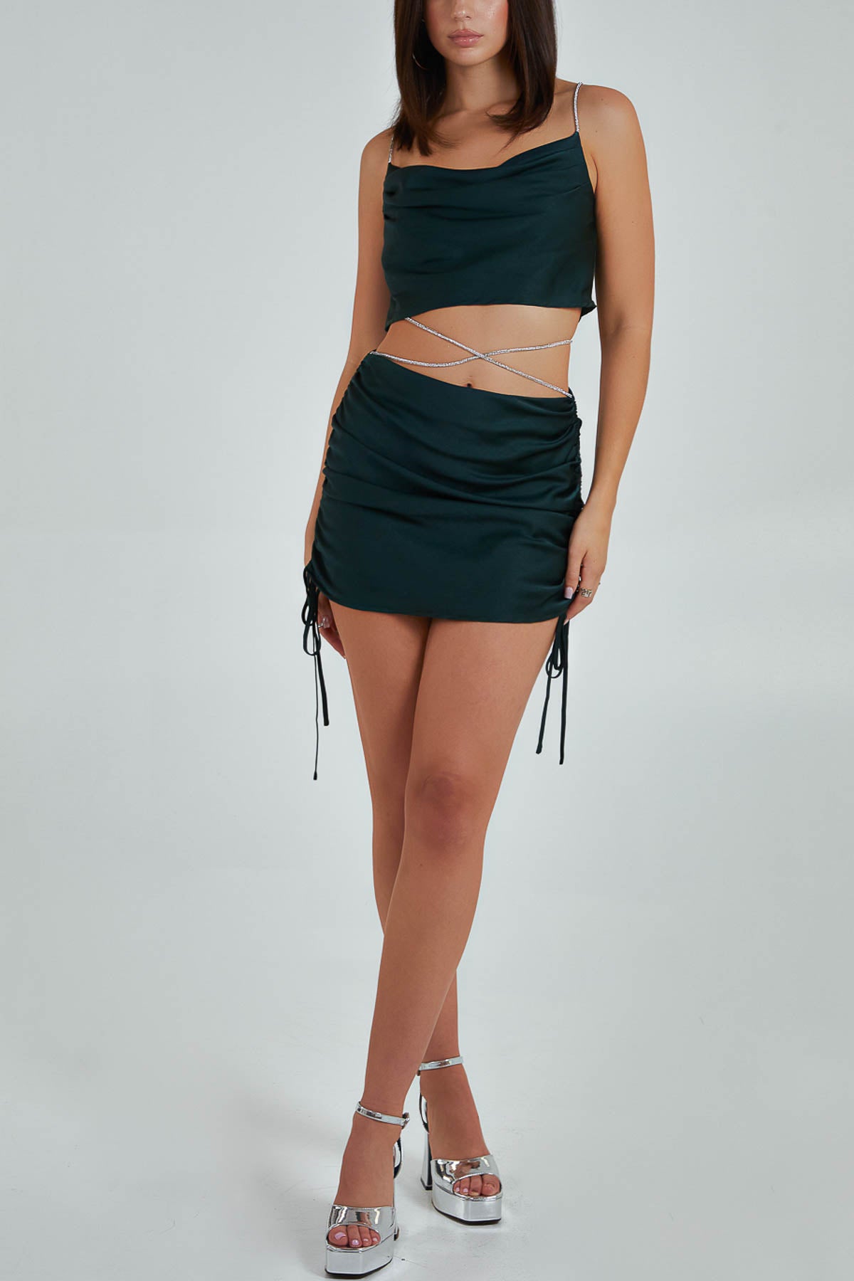 Ruched Skirt With Diamante Straps