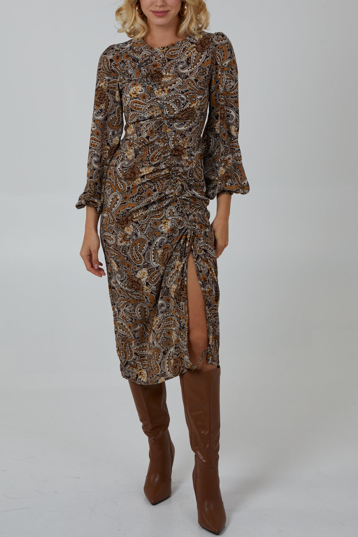 Paisley Ruched Midi Dress With Bell Sleeves