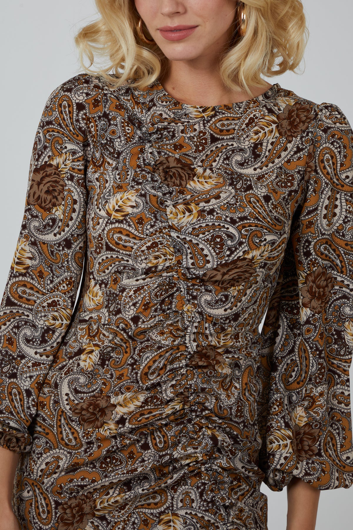 Paisley Ruched Midi Dress With Bell Sleeves