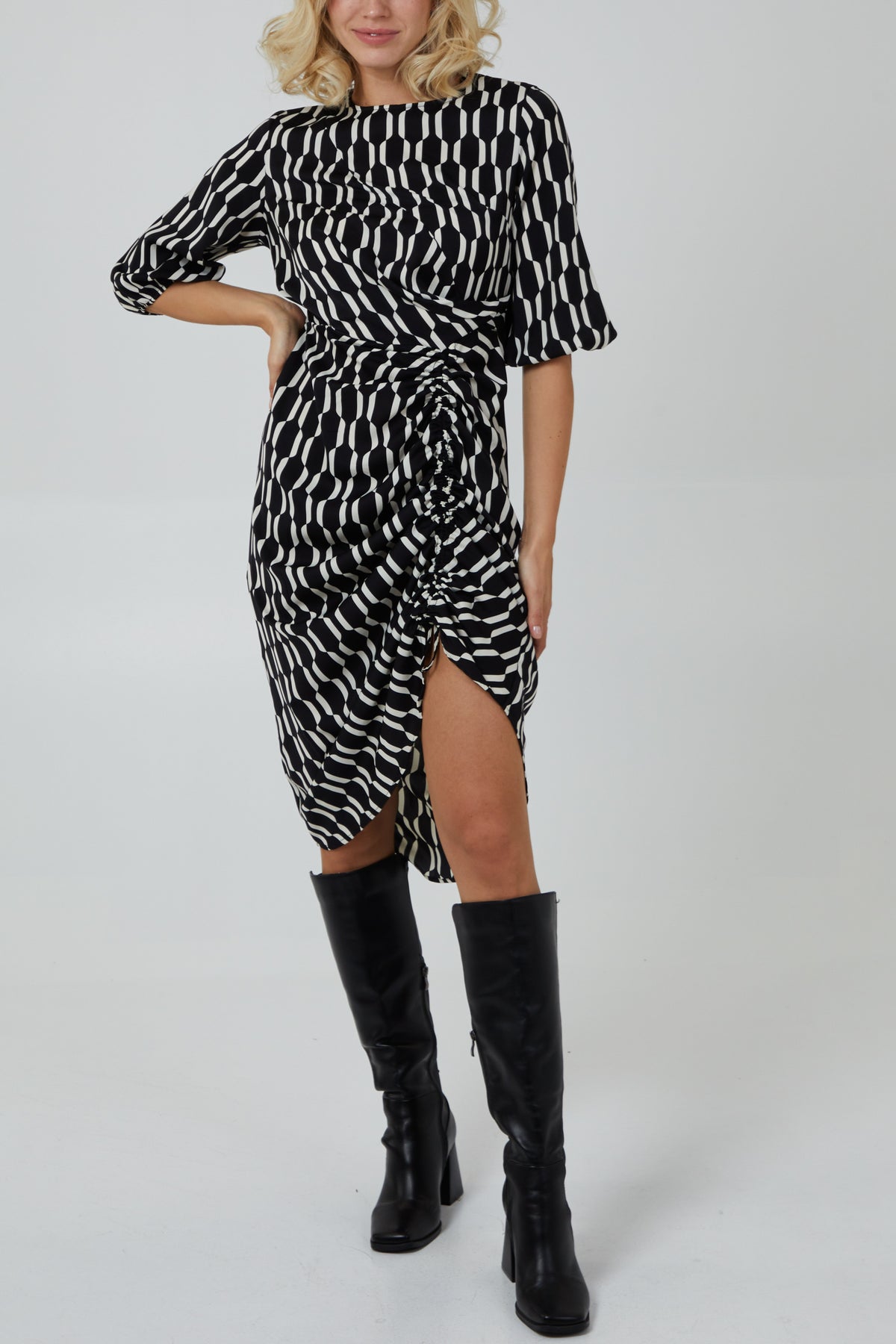 Mono Geo Print Ruched Hem Dress