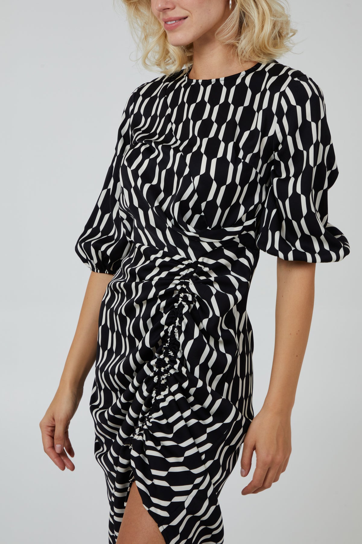 Mono Geo Print Ruched Hem Dress