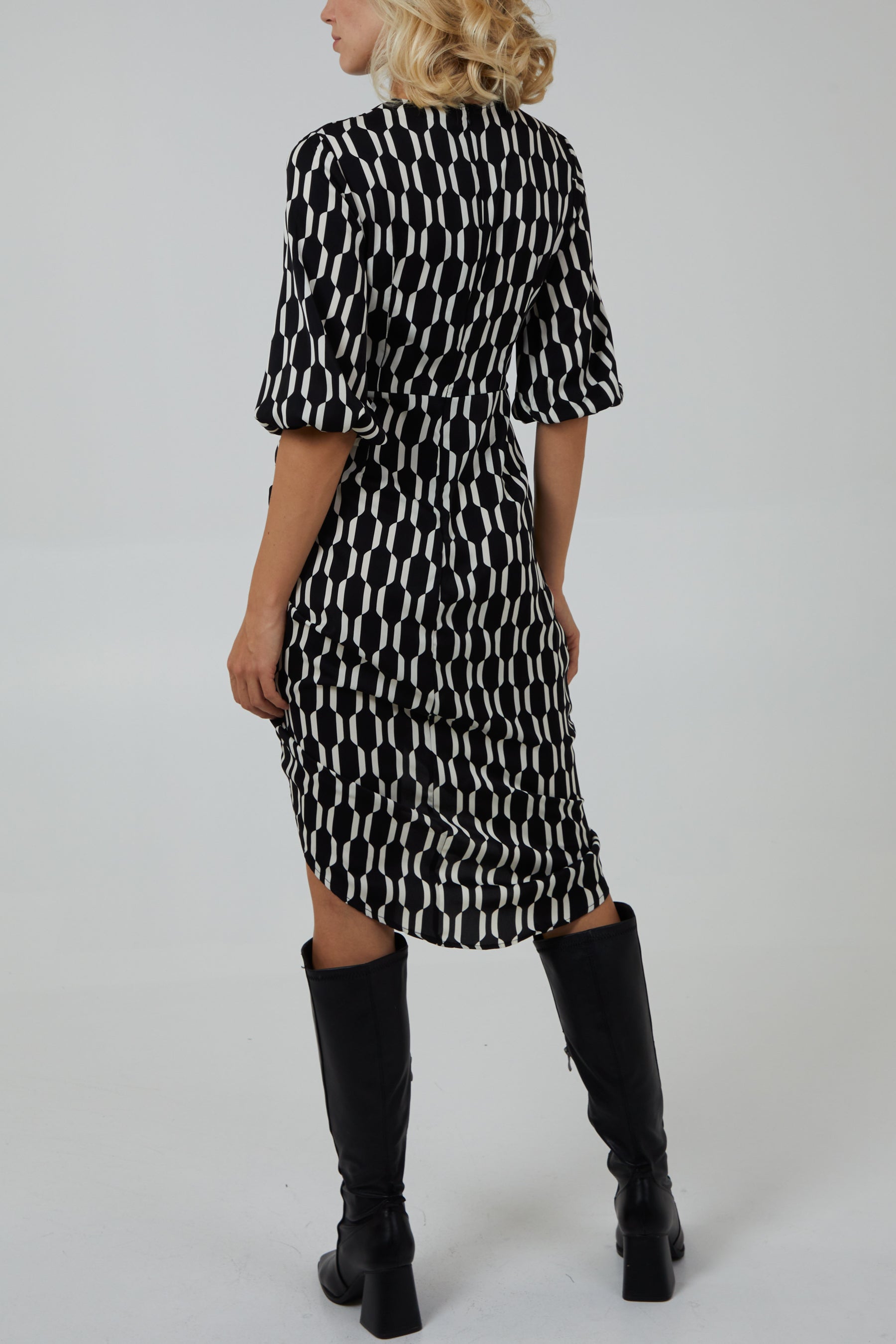 Mono Geo Print Ruched Hem Dress
