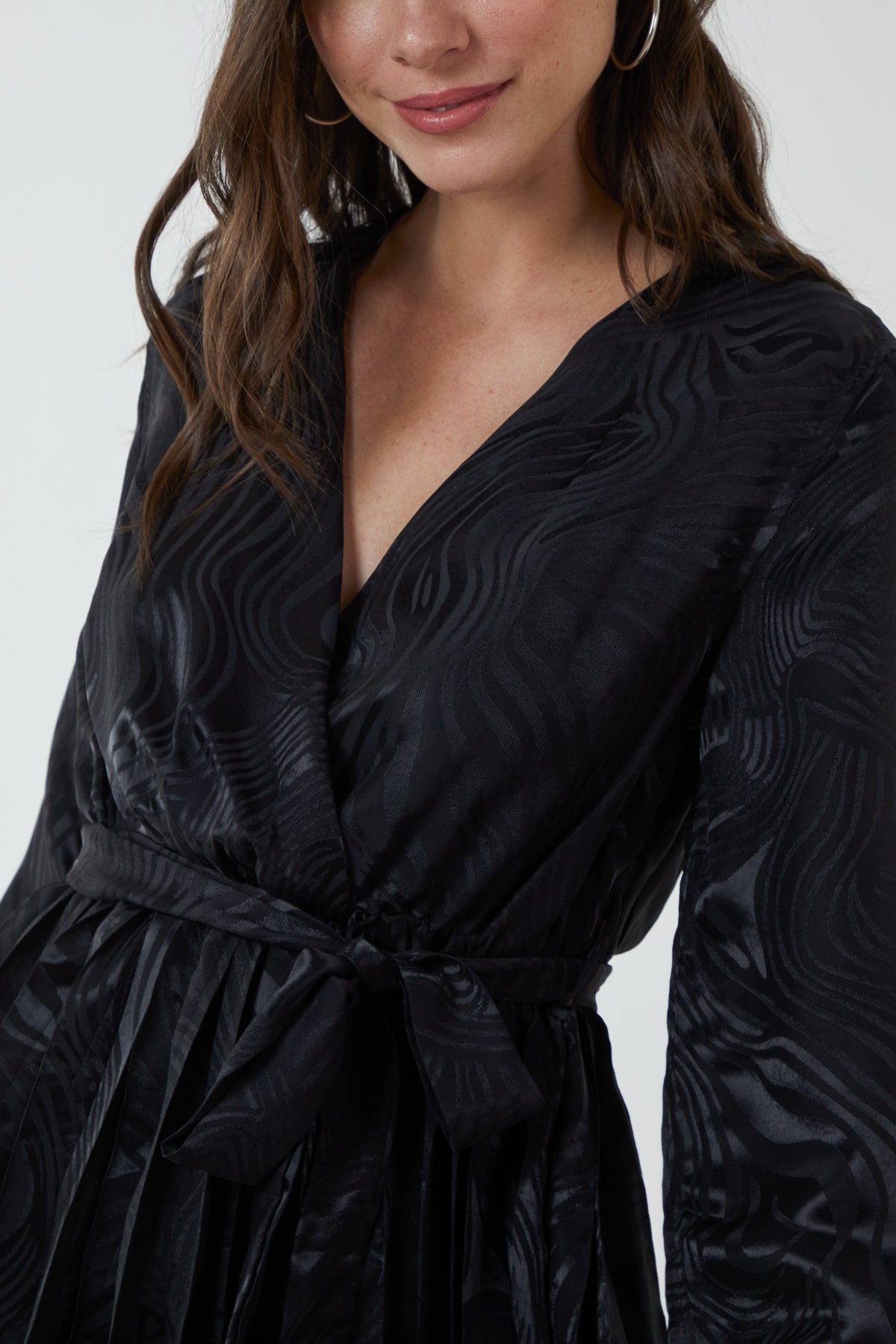 Jacquard Wrap Front Belted Midi Dress
