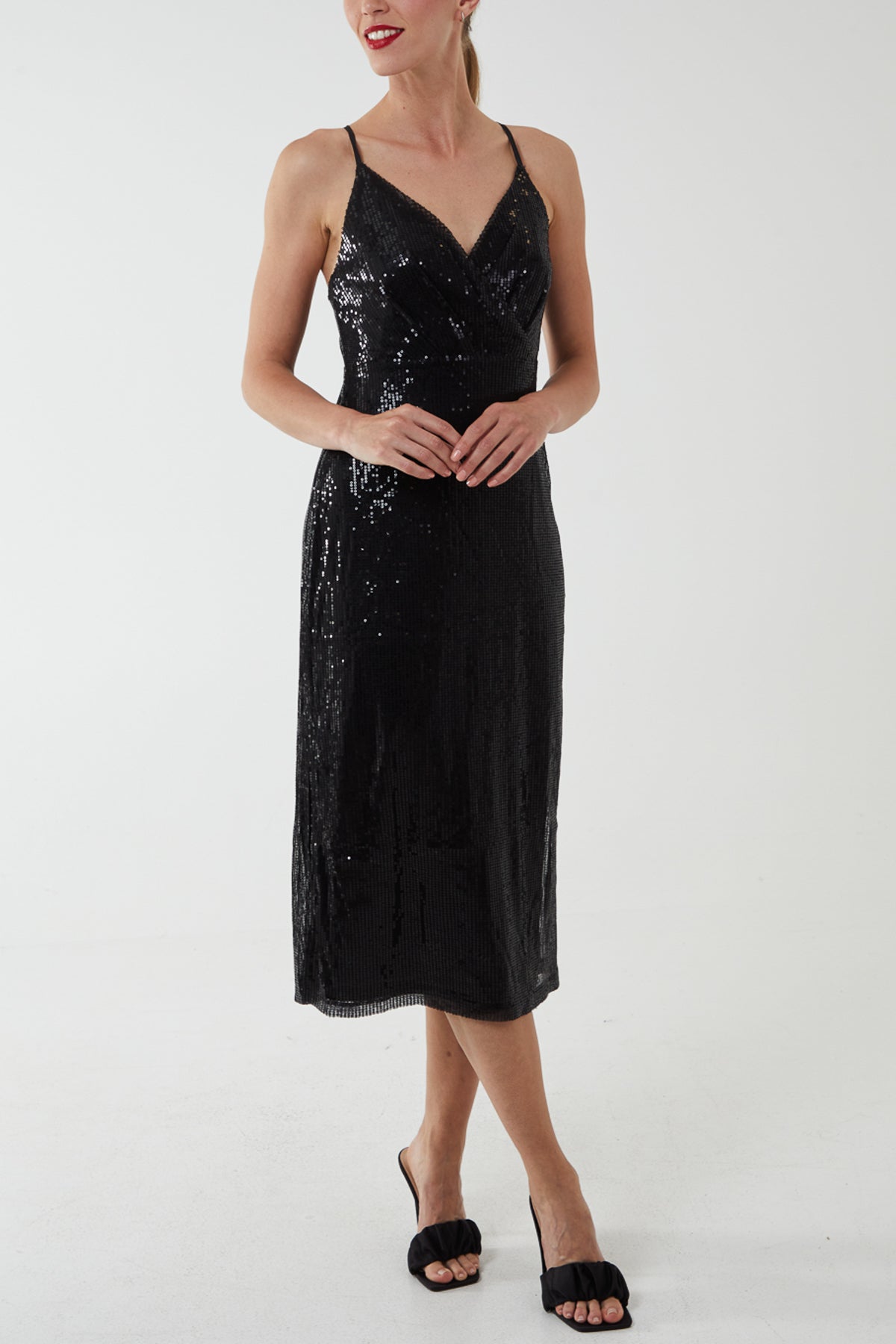 Sequin Wrap Front Cami Midi Dress