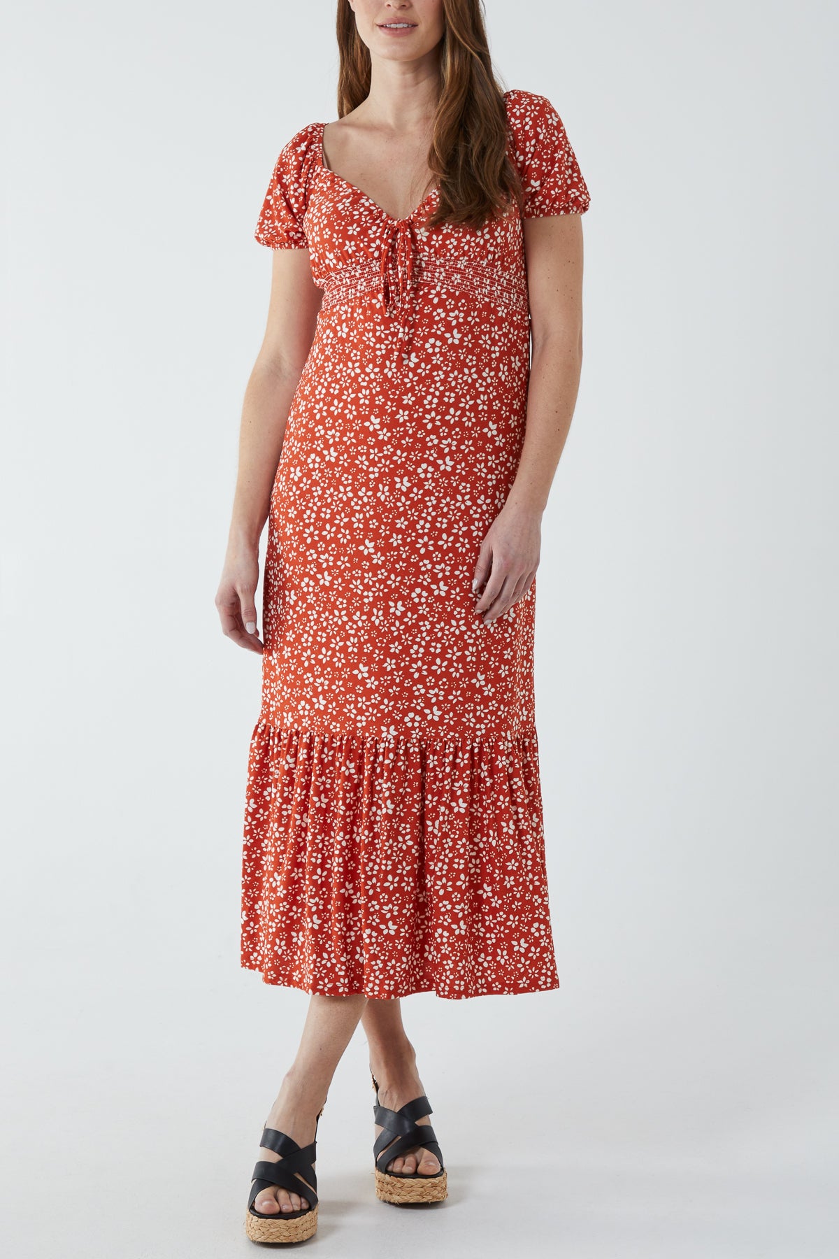 Ditsy Floral Shirred Sweetheart Midi Stretch Dress