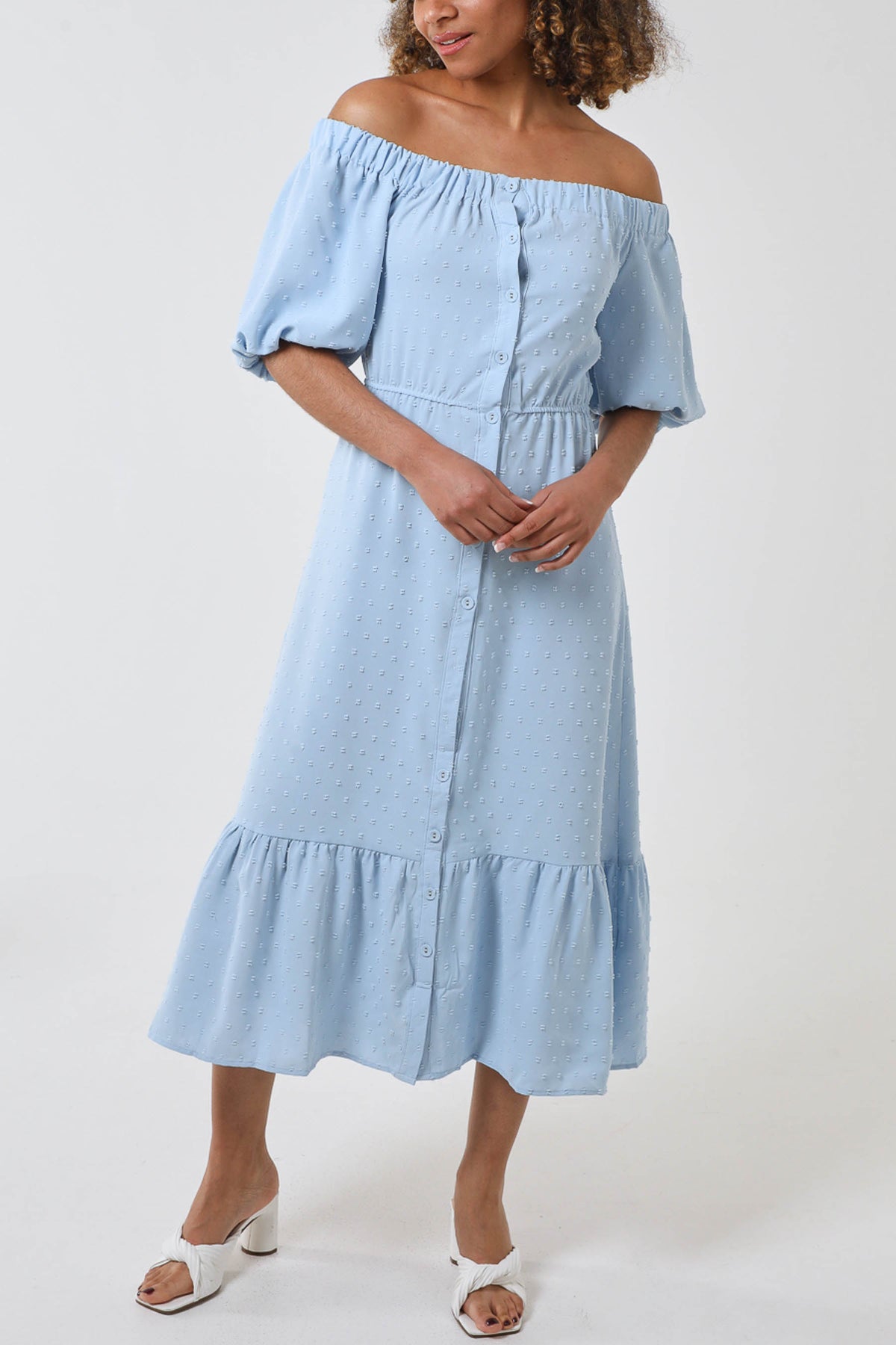 Bardot Button Through Spot Midi Dress