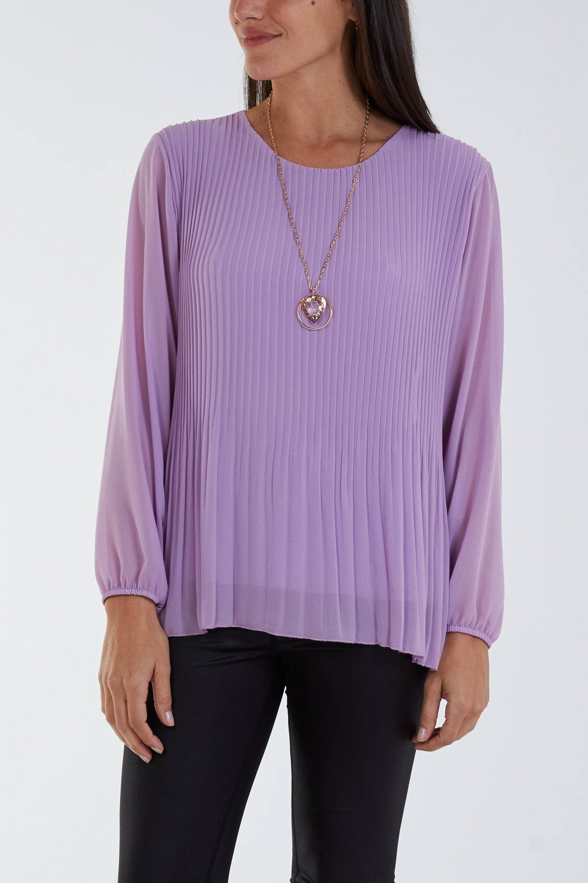 Pleated Long Sleeve Necklace Top