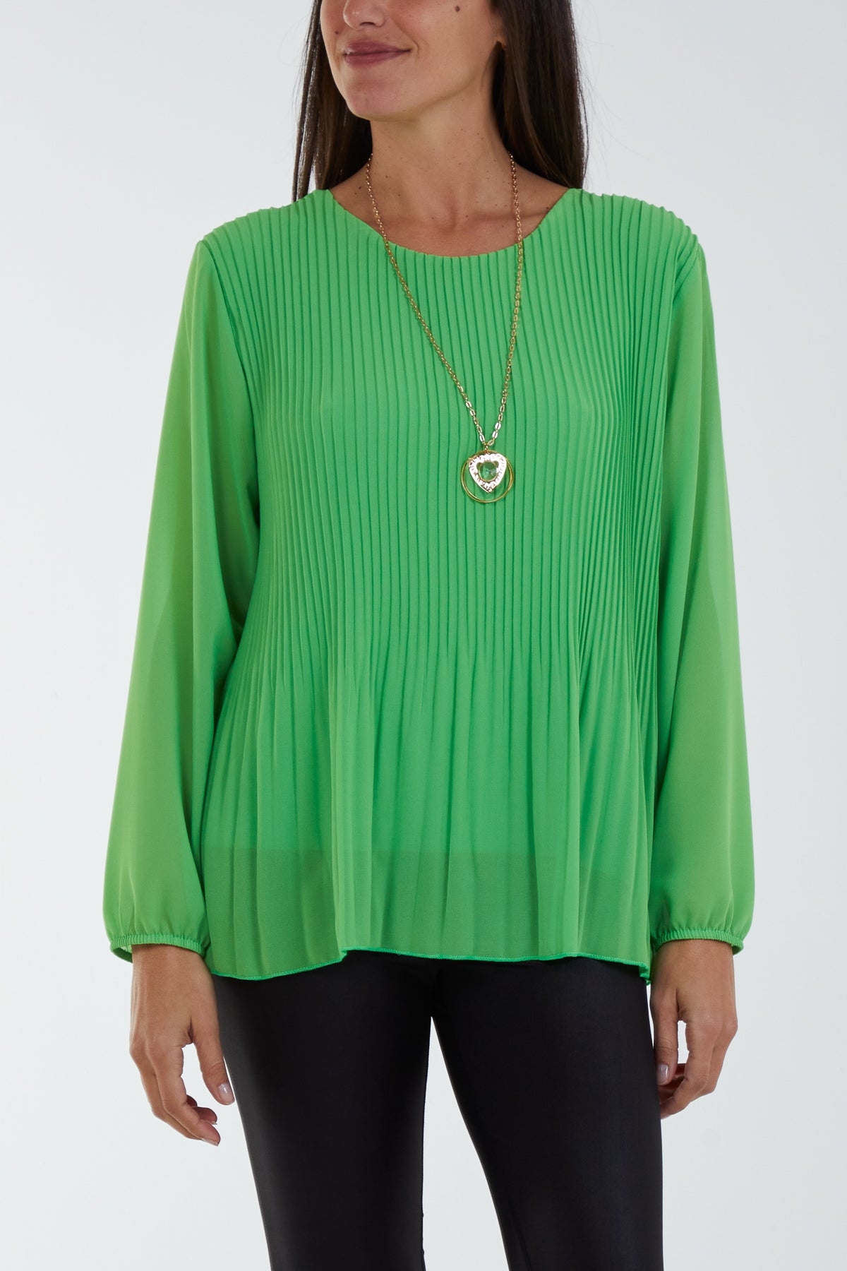 Pleated Long Sleeve Necklace Top