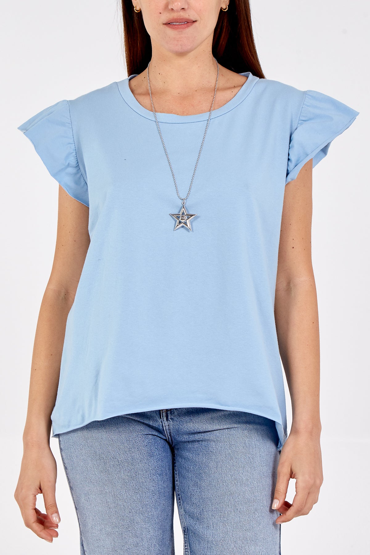 Scoop Neck Frill Sleeve Top With Necklace