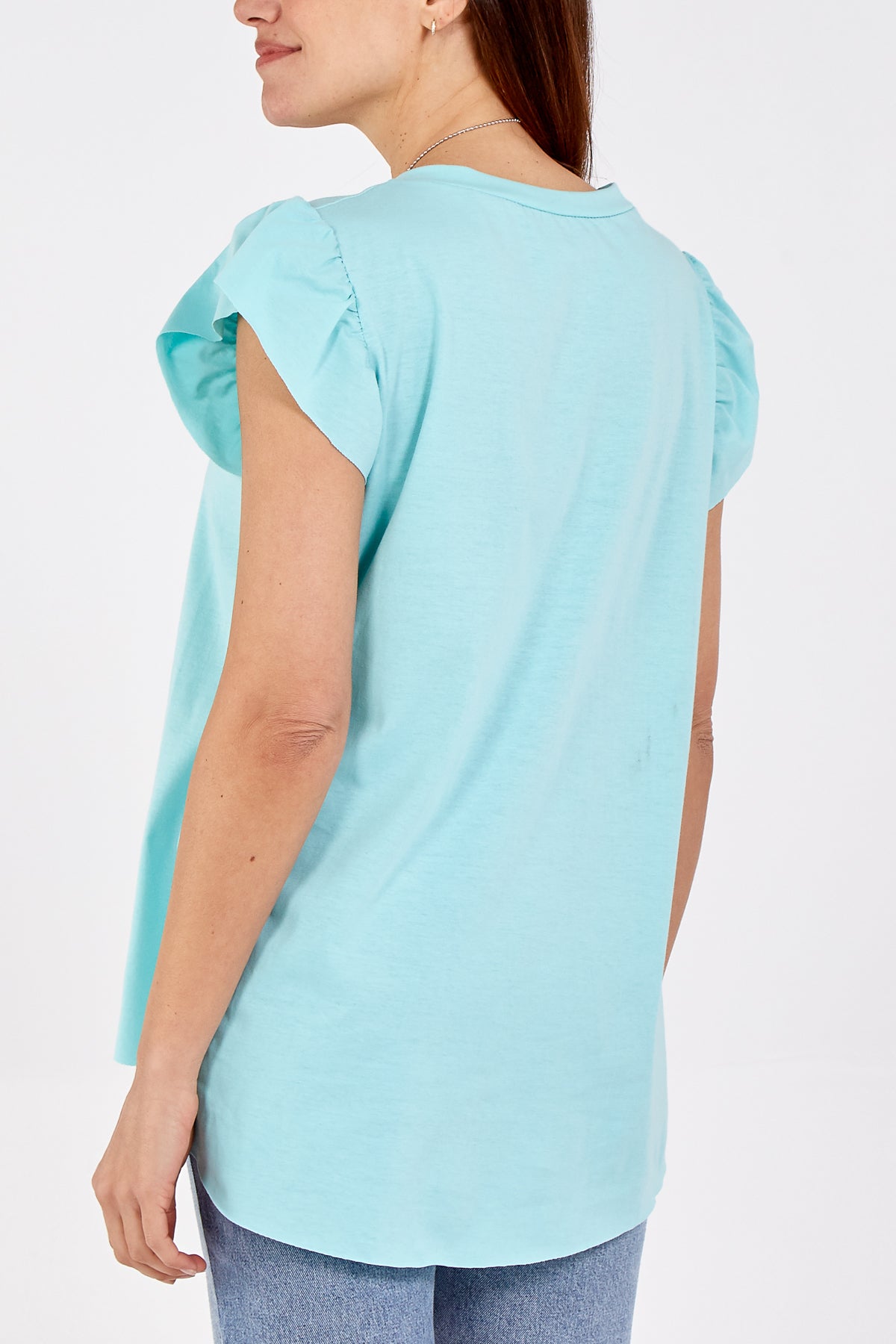 Scoop Neck Frill Sleeve Top With Necklace