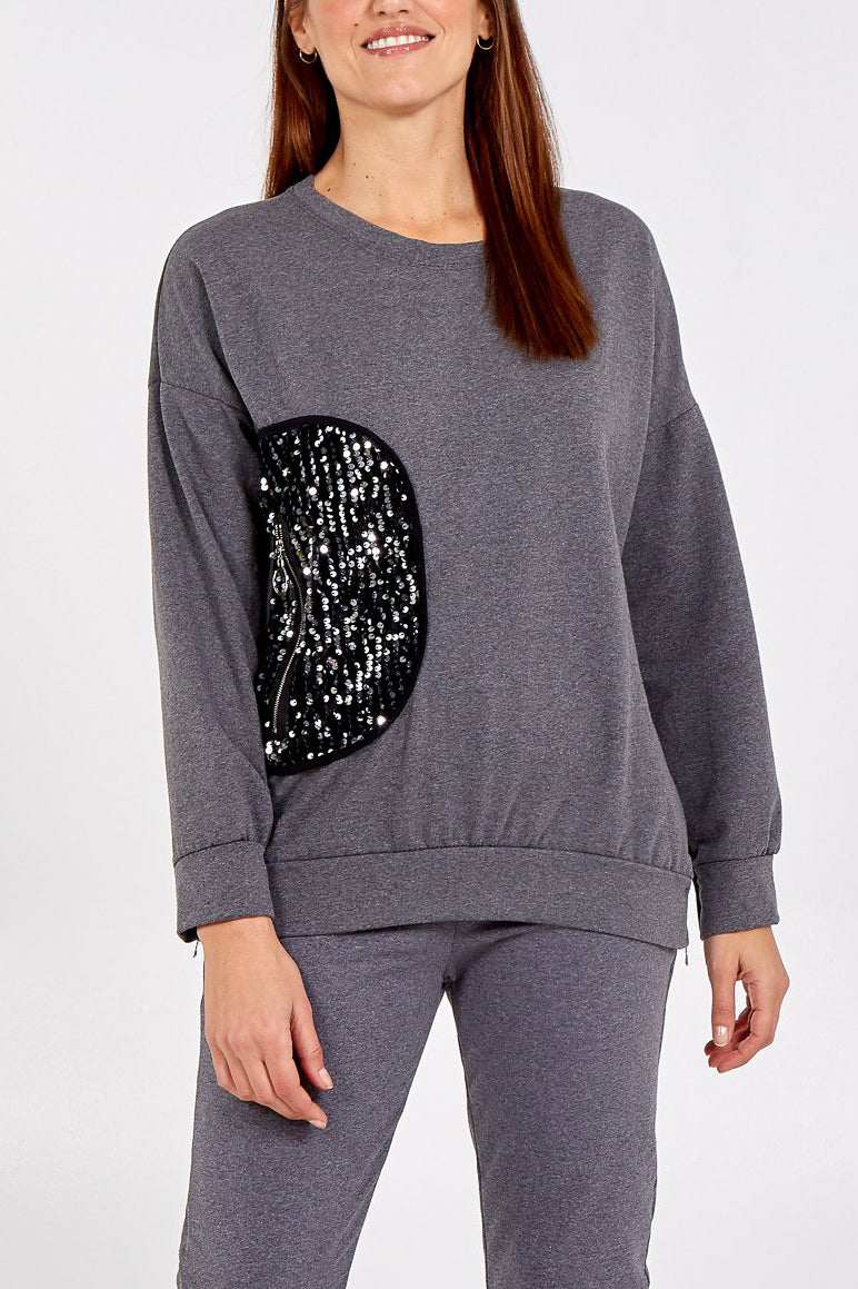 Sequin Patch Zip Detailed Sweatshirt