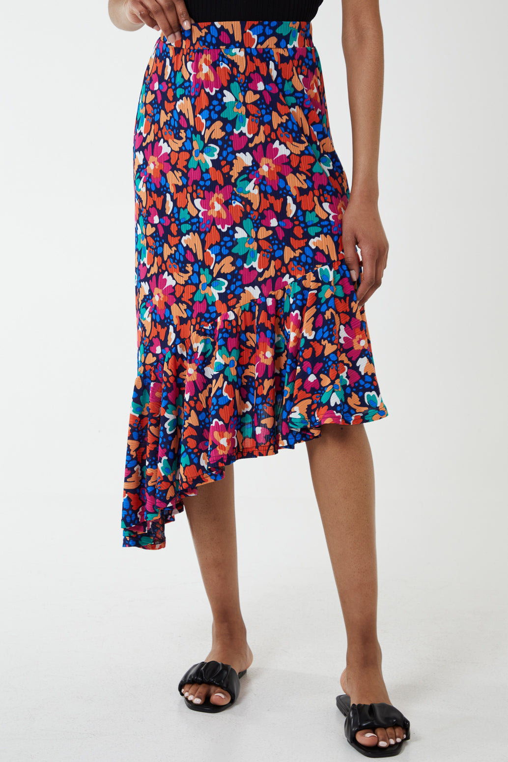 Asymmetric Floral Midi Skirt