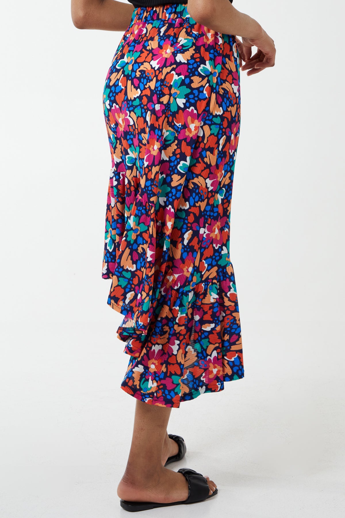 Asymmetric Floral Midi Skirt
